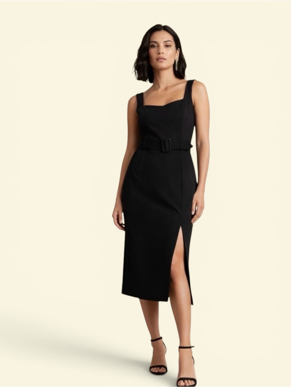 Banana Republic Chic Black Midi Sheath Dress with Belt and Side Slit